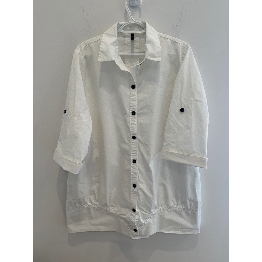 LC by Donna Karan Womens White Cotton Button Down Tunic Shirt 3/4 Sleeve Large
